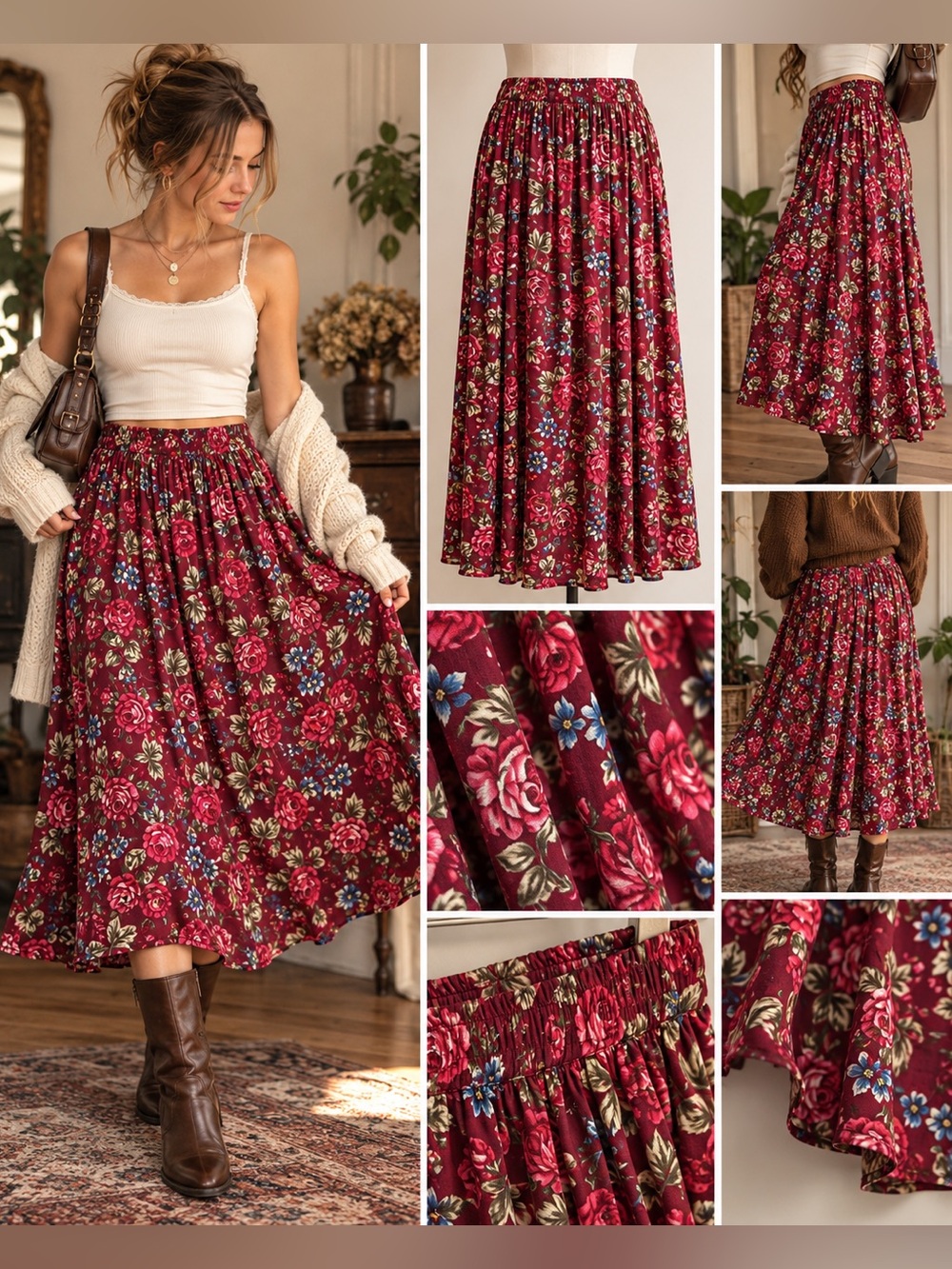 Vintage 90s Burgundy Floral Midi Skirt Cottagecore Romantic M